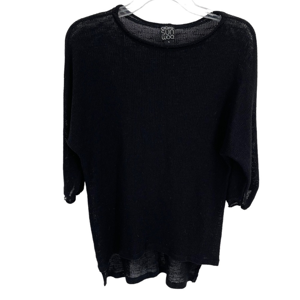 Clara Sun Woo Knit Sweater Top SZ Small Black Roll Tab Sleeve Women’s Hi Lo